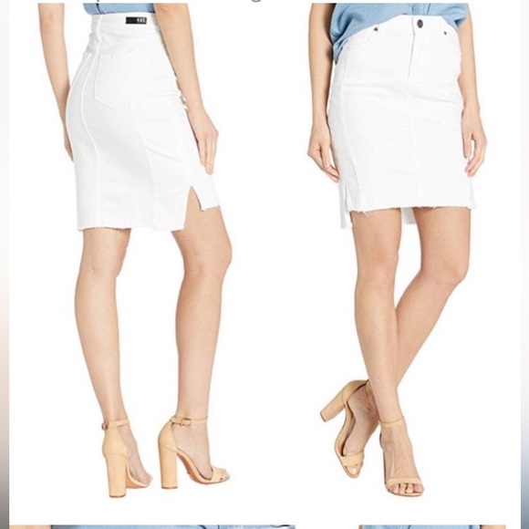 KUT Connie Step Raw Hem Stretch Cotton Skirt Size 4 White Mildly Distressed - Picture 5 of 13